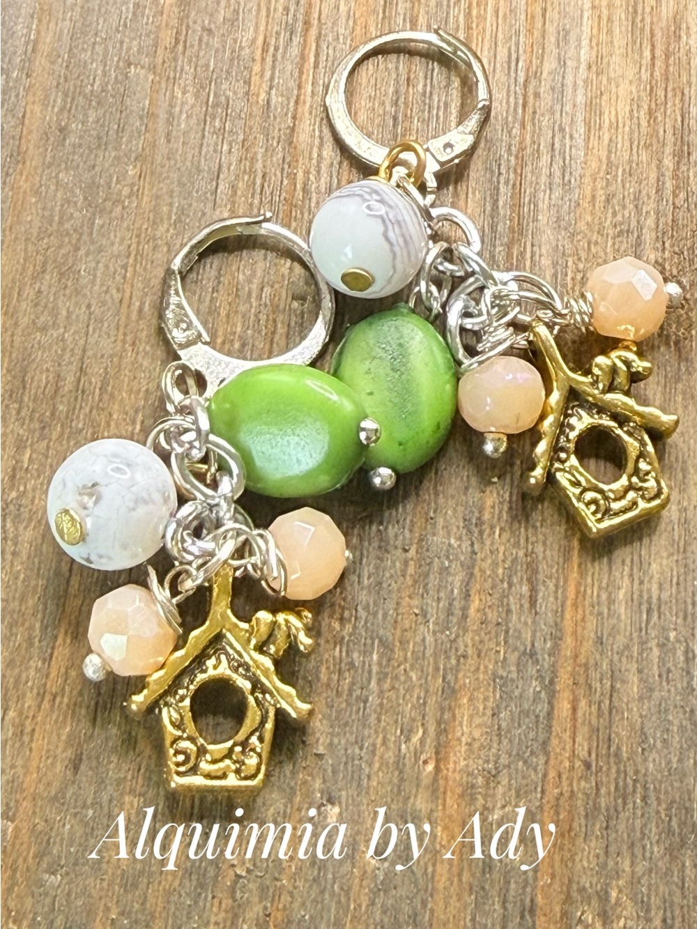 Alquimia Green and Peach Beaded Earrings with Gold Birdhouse Charms